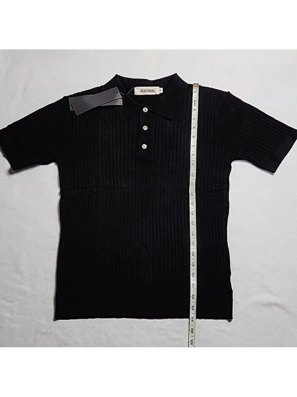 1830 Nwt Black Vertical Knitted Short Sleeve Collar Shirt Size Medium — image 6 of 6